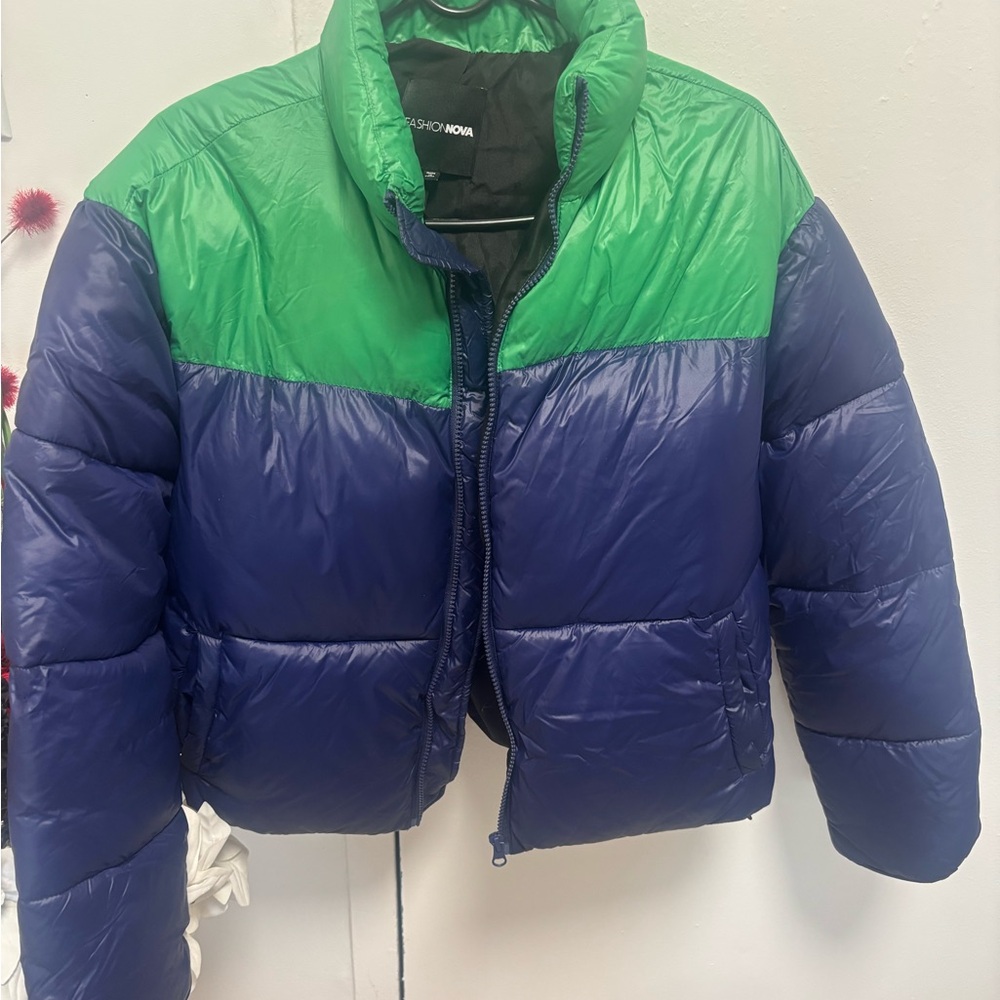 Fashion Nova Green and Blue Puffer Jacket